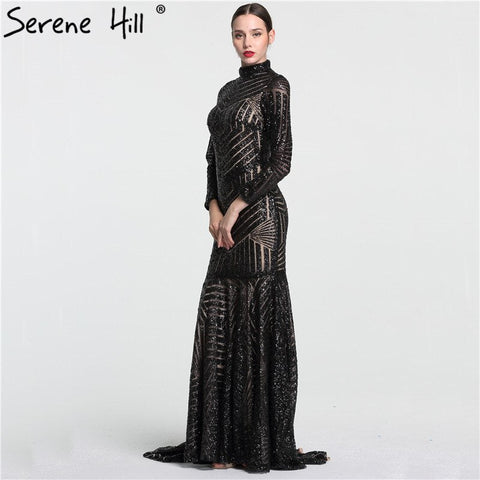 Sale Black Mermaid High Neck Luxury Evening Dresses Sequined Long Sleeves Formal Evening Gowns 2025 LA6090