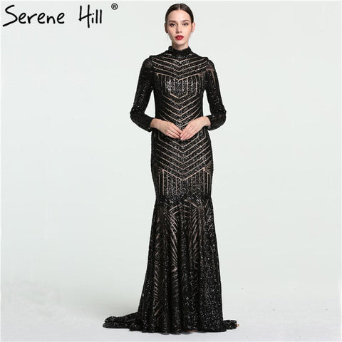 Sale Black Mermaid High Neck Luxury Evening Dresses Sequined Long Sleeves Formal Evening Gowns 2025 LA6090