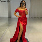 Black Mermaid High Split Evening Dresses Gowns 2025 Satin Beaded Elegant Sexy For Women Party LA71412