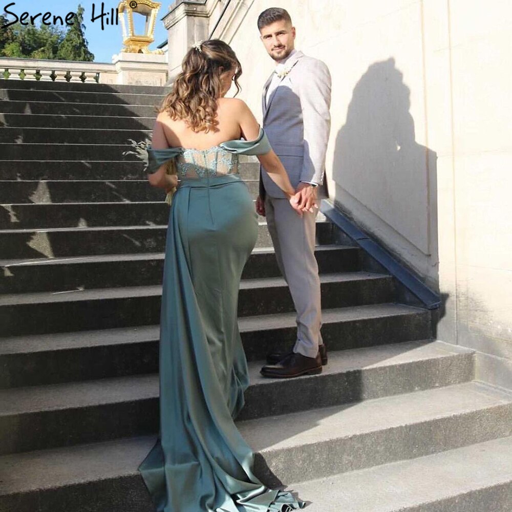 Black Mermaid High Split Evening Dresses Gowns 2025 Satin Beaded Elegant Sexy For Women Party LA71412