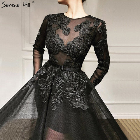 Black O-Neck Handmade Flowers Evening Dresses 2025 Long Sleeves Perspective Sexy Evening Gowns LA60837