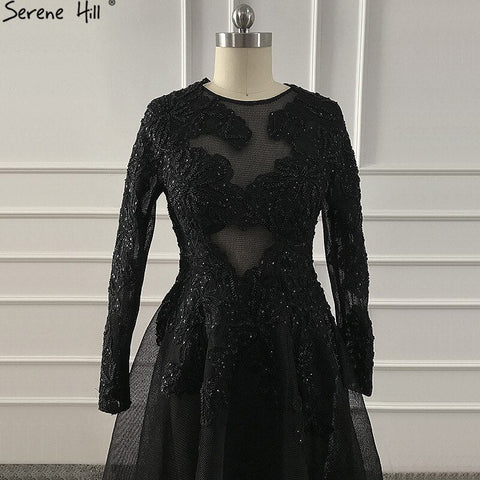 Black O-Neck Handmade Flowers Evening Dresses 2025 Long Sleeves Perspective Sexy Evening Gowns LA60837