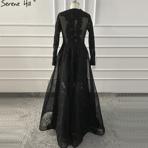 Black O-Neck Handmade Flowers Evening Dresses 2025 Long Sleeves Perspective Sexy Evening Gowns LA60837