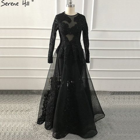 Black O-Neck Handmade Flowers Evening Dresses 2025 Long Sleeves Perspective Sexy Evening Gowns LA60837
