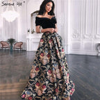 Sale Black Off Shoulder 3D Flowers Evening Dresses 2025 Short Sleeve A-Line Sexy Formal Dress LA70016