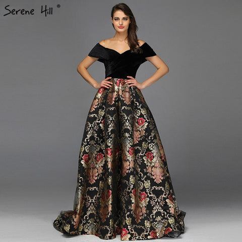 Sale Black Off Shoulder 3D Flowers Evening Dresses 2025 Short Sleeve A-Line Sexy Formal Dress LA70016