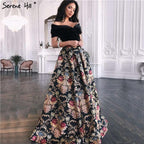 Sale Black Off Shoulder 3D Flowers Evening Dresses 2025 Short Sleeve A-Line Sexy Formal Dress LA70016