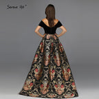 Sale Black Off Shoulder 3D Flowers Evening Dresses 2025 Short Sleeve A-Line Sexy Formal Dress LA70016