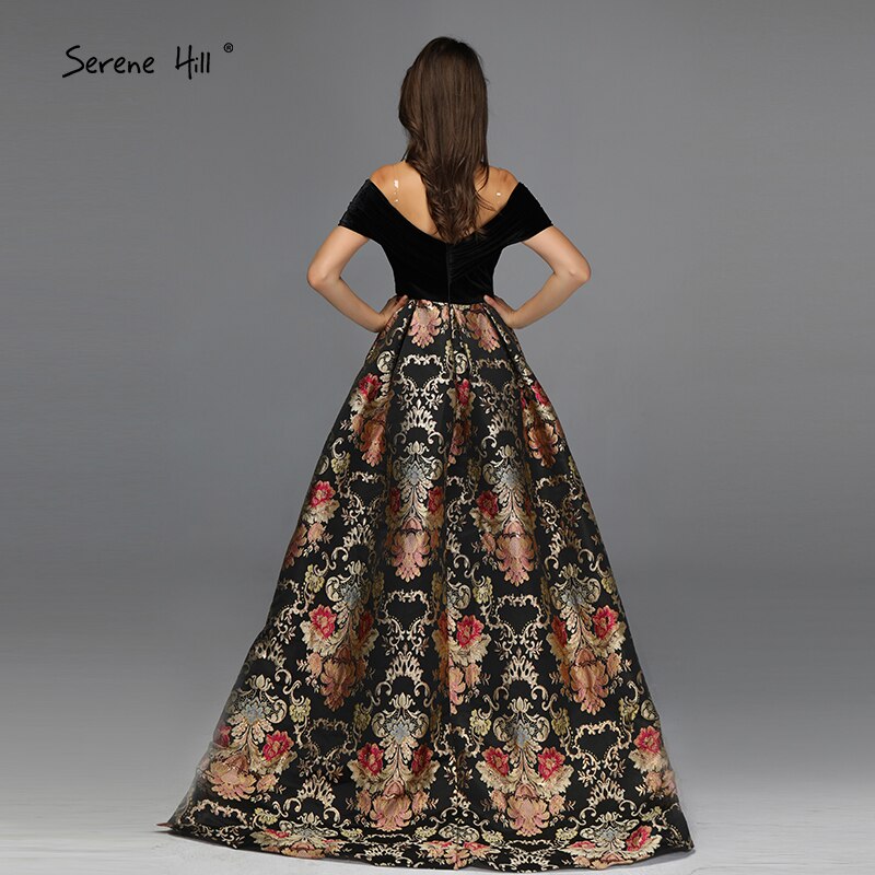 Sale Black Off Shoulder 3D Flowers Evening Dresses 2025 Short Sleeve A-Line Sexy Formal Dress LA70016