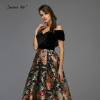 Sale Black Off Shoulder 3D Flowers Evening Dresses 2025 Short Sleeve A-Line Sexy Formal Dress LA70016