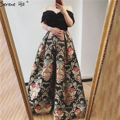 Sale Black Off Shoulder 3D Flowers Evening Dresses 2025 Short Sleeve A-Line Sexy Formal Dress LA70016