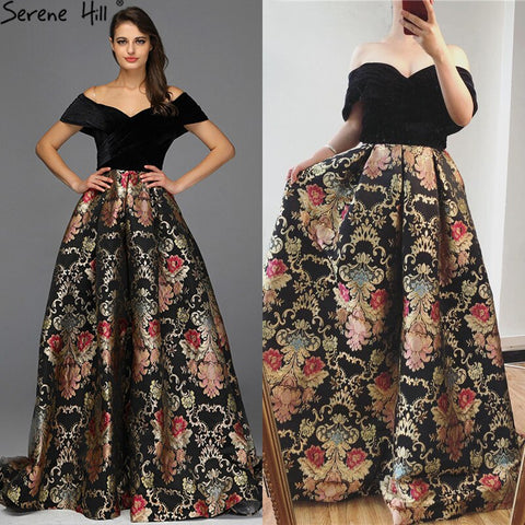 Sale Black Off Shoulder 3D Flowers Evening Dresses 2025 Short Sleeve A-Line Sexy Formal Dress LA70016