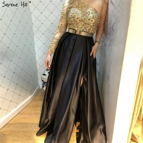 Black Off Shoulder Sexy A-Line Evening Dresses 2025 Handmade Flowers Crystal Satin Formal Dress LA70038