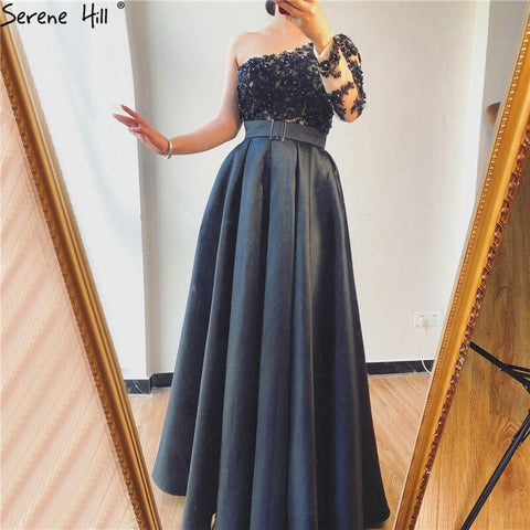Black Off Shoulder Sexy A-Line Evening Dresses 2025 Handmade Flowers Crystal Satin Formal Dress LA70038