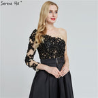 Black Off Shoulder Sexy A-Line Evening Dresses 2025 Handmade Flowers Crystal Satin Formal Dress LA70038