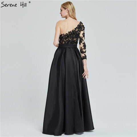Black Off Shoulder Sexy A-Line Evening Dresses 2025 Handmade Flowers Crystal Satin Formal Dress LA70038