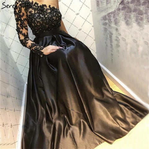 Black Off Shoulder Sexy A-Line Evening Dresses 2025 Handmade Flowers Crystal Satin Formal Dress LA70038