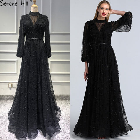 Vestidos de noche corte A con perlas color melocotón negro, último diseño 2025, mangas largas, vestidos de noche sexys, tallas grandes LA60835 