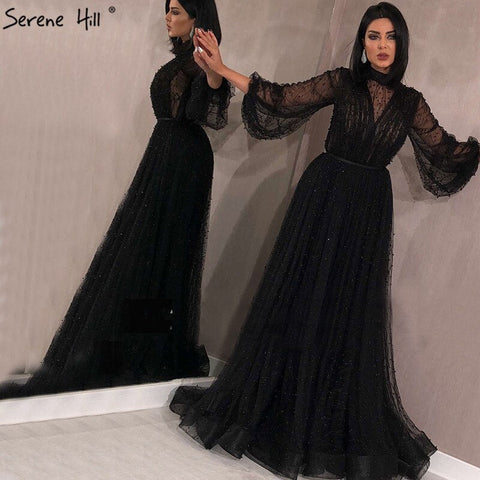 Vestidos de noche corte A con perlas color melocotón negro, último diseño 2025, mangas largas, vestidos de noche sexys, tallas grandes LA60835 