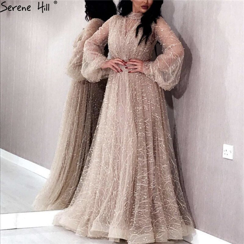 Black Peach Pearls A-Line Evening Dresses 2025 Latest Design Long Sleeves Sexy Evening Gowns Plus Size LA60835