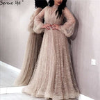 Black Peach Pearls A-Line Evening Dresses 2025 Latest Design Long Sleeves Sexy Evening Gowns Plus Size LA60835