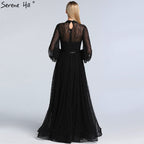 Black Peach Pearls A-Line Evening Dresses 2025 Latest Design Long Sleeves Sexy Evening Gowns Plus Size LA60835