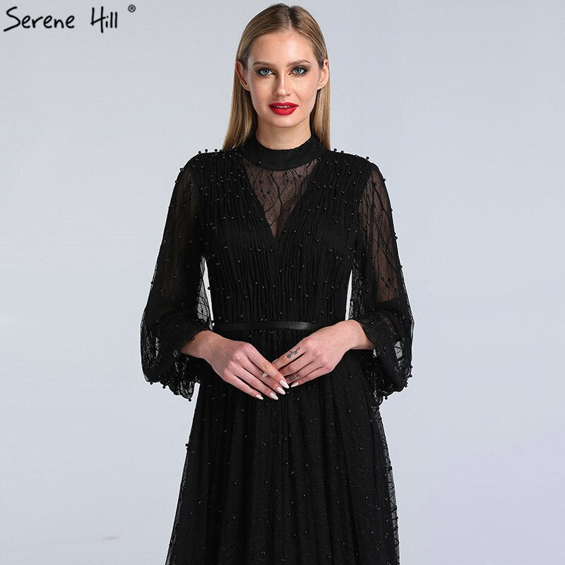 Black Peach Pearls A-Line Evening Dresses 2025 Latest Design Long Sleeves Sexy Evening Gowns Plus Size LA60835