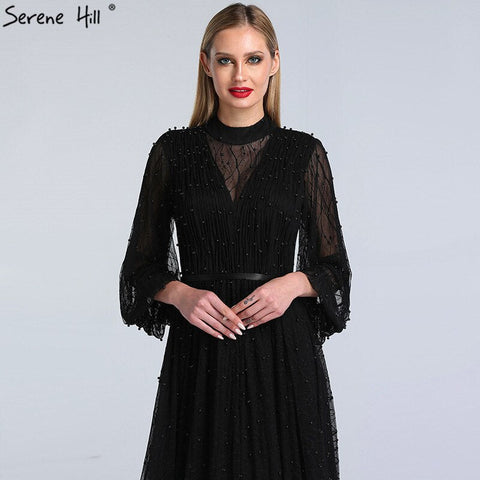 Vestidos de noche corte A con perlas color melocotón negro, último diseño 2025, mangas largas, vestidos de noche sexys, tallas grandes LA60835 