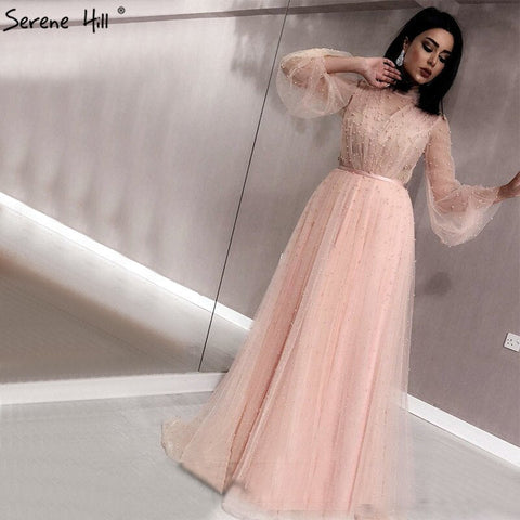 Vestidos de noche corte A con perlas color melocotón negro, último diseño 2025, mangas largas, vestidos de noche sexys, tallas grandes LA60835 