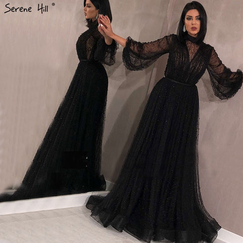 Vestidos de noche corte A con perlas color melocotón negro, último diseño 2025, mangas largas, vestidos de noche sexys, tallas grandes LA60835 