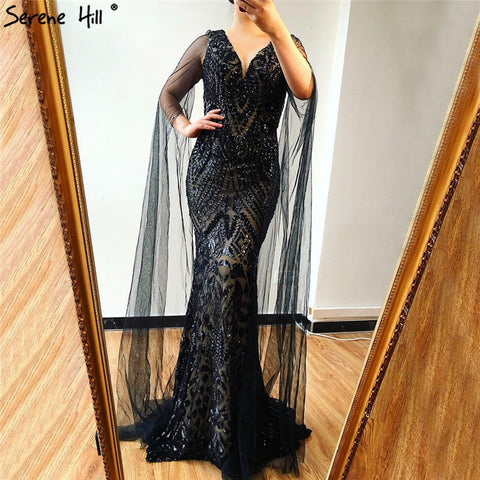 Black V-Neck Sequined Sexy Evening Dressese Mermaid Sleeveless Sparkle Evening Gowns Design 2025 LA70117