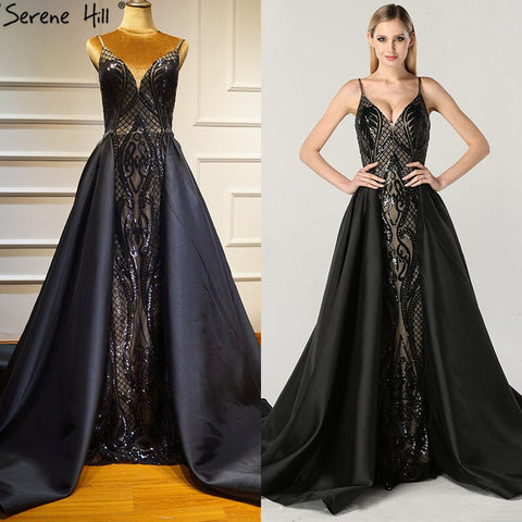 Vestidos de noche negros con escote en V, sexis y brillantes, diseño de Dubái, sin mangas, con lentejuelas. Foto real LA60727