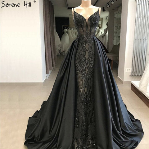 Vestidos de noche negros con escote en V, sexis y brillantes, diseño de Dubái, sin mangas, con lentejuelas. Foto real LA60727