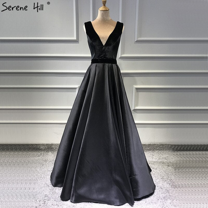 On Sale No Return No Refund  Sale Black Velour Sleeveless A-Line Sexy Evening Dresses 2025 Real Photo Deep-V Simple Formal Dress LA60951