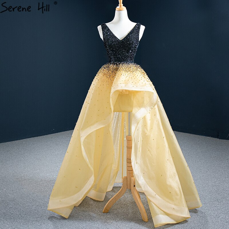 Black Yellowe Asymmetrical Luxury Evening Dresses 2025 V-Neck Beading High Quality Formal Dress HM67141