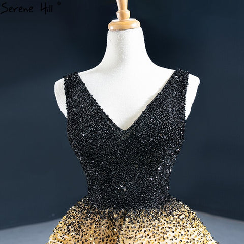 Black Yellowe Asymmetrical Luxury Evening Dresses 2025 V-Neck Beading High Quality Formal Dress HM67141