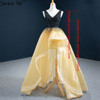 Black Yellowe Asymmetrical Luxury Evening Dresses 2025 V-Neck Beading High Quality Formal Dress HM67141