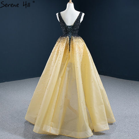 Black Yellowe Asymmetrical Luxury Evening Dresses 2025 V-Neck Beading High Quality Formal Dress HM67141