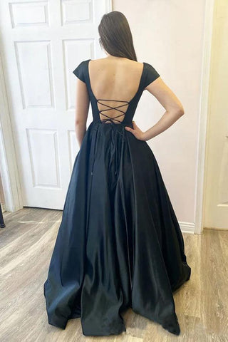 Robe de bal longue noire en satin à manches courtes et coupe trapèze