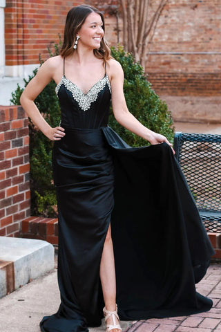 Black Beading V-Neck Long Prom Dress with Attached Train