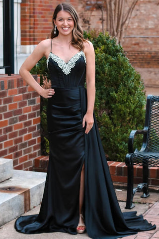 Black Beading V-Neck Long Prom Dress with Attached Train