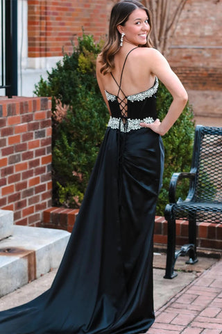 Black Beading V-Neck Long Prom Dress with Attached Train