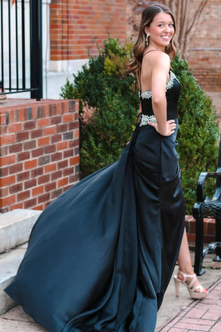 Black Beading V-Neck Long Prom Dress with Attached Train