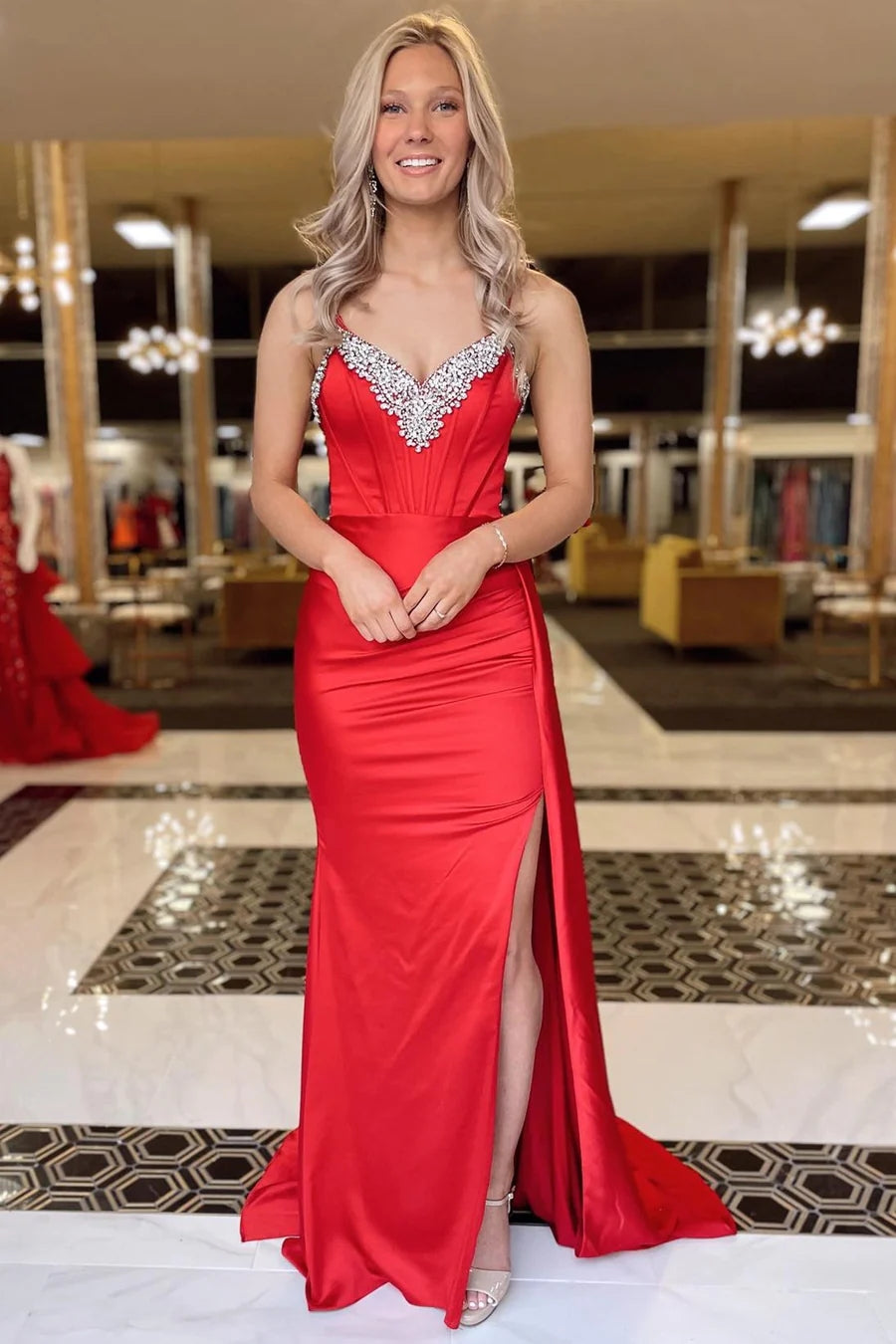 Black Beading V-Neck Long Prom Dress with Attached Train