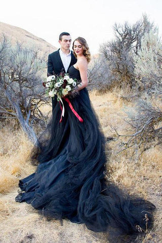 Vestidos de novia góticos negros, corte A, sin mangas, con cola WD704
