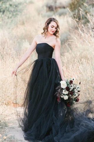 Vestidos de novia góticos negros, corte A, sin mangas, con cola WD704