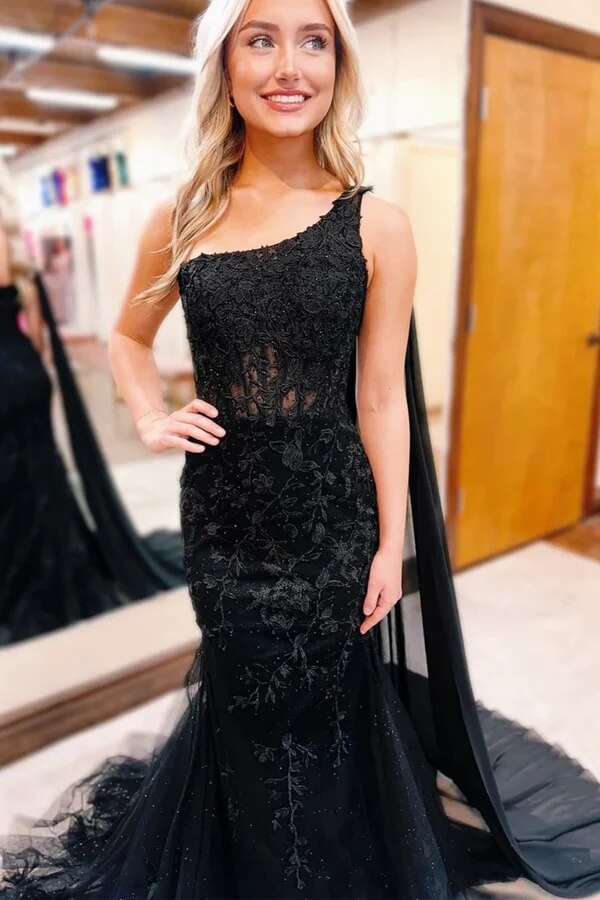 Vestidos largos de sirena de encaje con un solo hombro para graduación o noche
