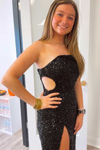 Black One Shoulder Cap Sleeve Sequined Long Party Dress SYP93
