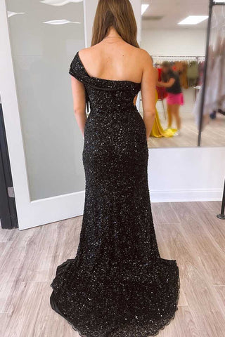 Black One Shoulder Cap Sleeve Sequined Long Party Dress VMP93