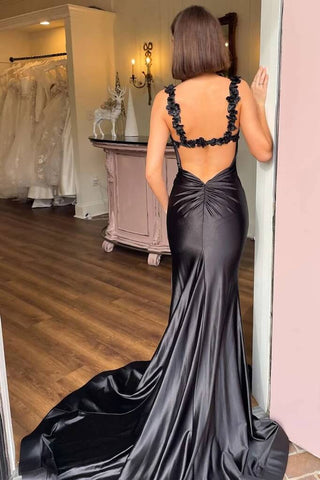 Robe de bal sirène en satin à fines bretelles et traîne, robe de soirée